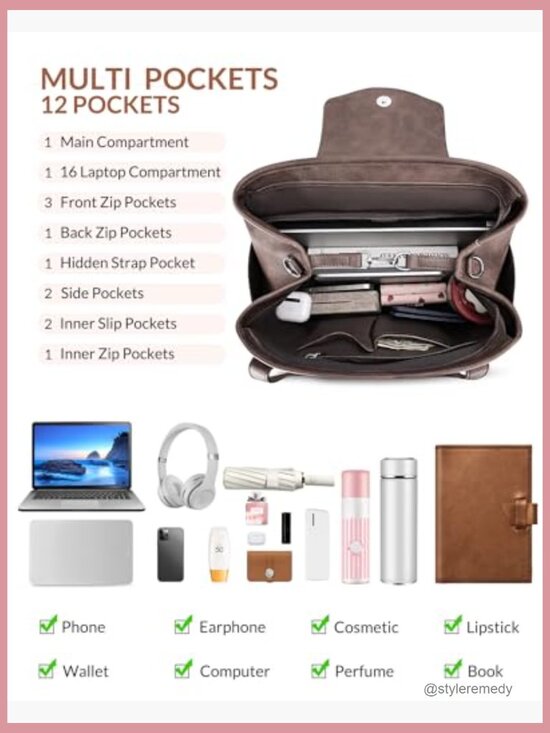 Designer Leather Laptop Backpack Purse, 4-in-1 Tote Shoulder Bag, 16 inch